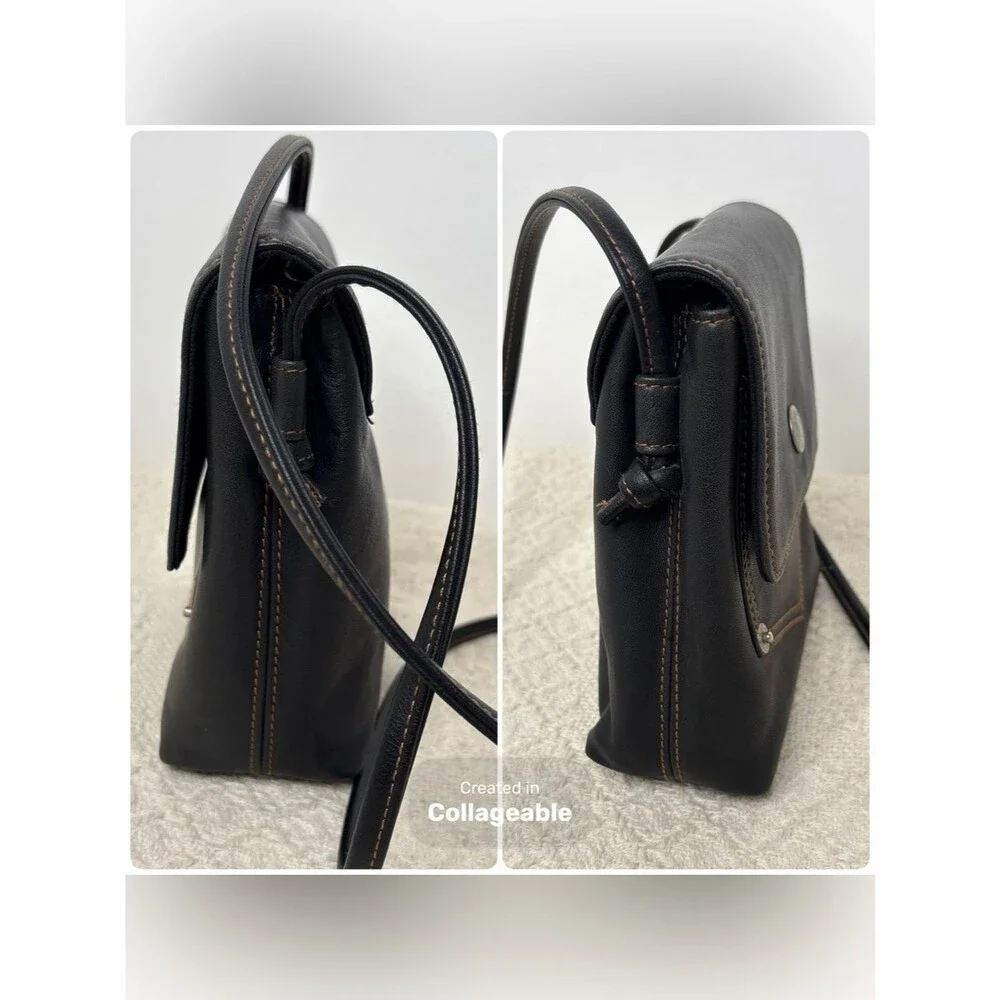 90s Vintage Liz Claiborne Leather Co Dark Gray Pocket Bag Flap Crossbody Purse
